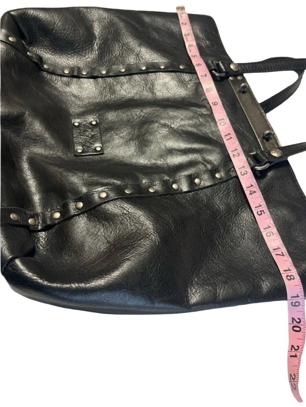 Patricia Nash Black Leather Studded Tote Bag Silver Hardware Metal Bar Detail - Picture 7 of 14